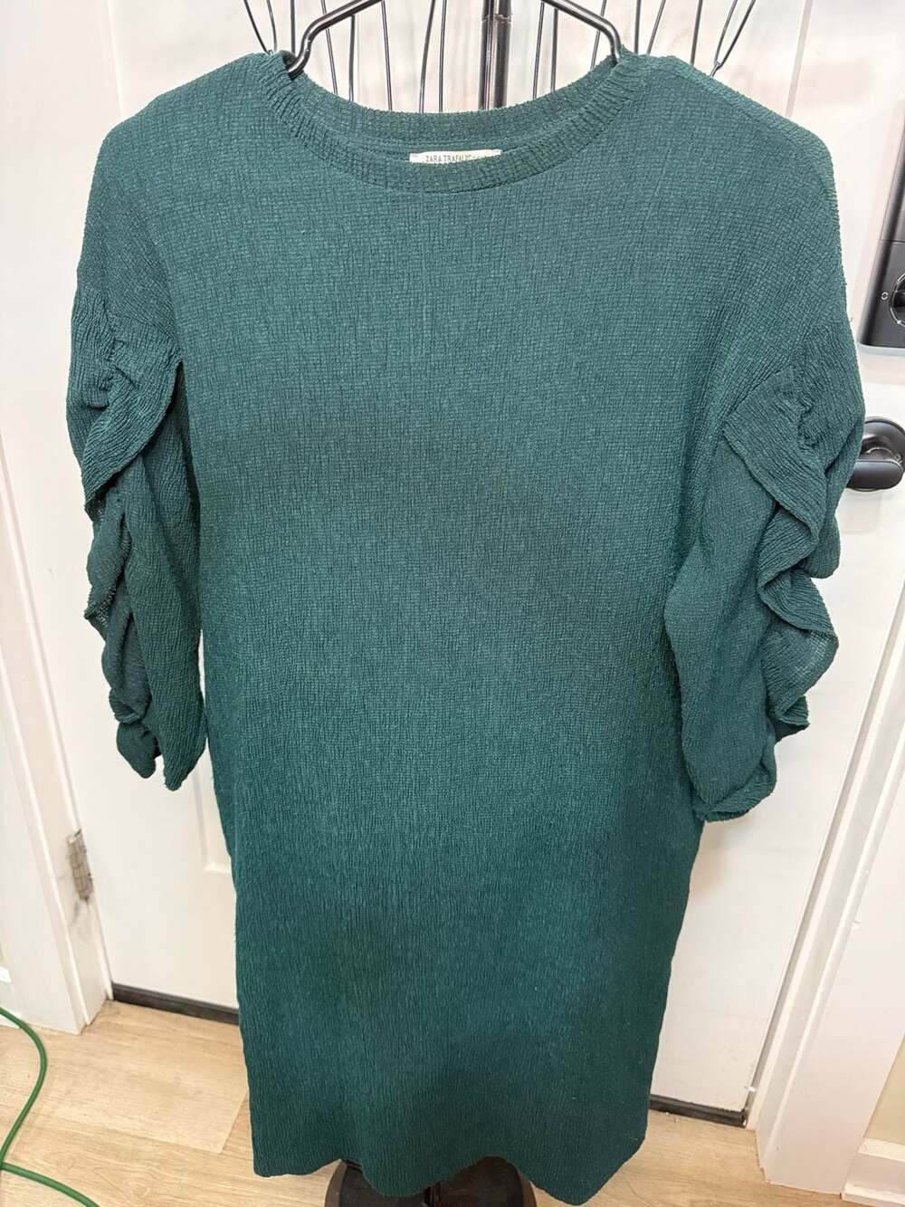 Zara Trafaluc Green Textured Ruffle Sleeve Mini Dress Size S